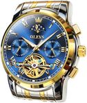 Men's Watch Tourbillon Gents Watch Automatic Watches for Men Waterproof Two Tone Stainless Steel Skeleton Mechanical Watch Self Winding Wrist Watches,OLEVS Moon Phase Date Calendar