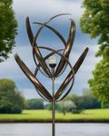 Metal Wind Spinner Garden Stake with Solar Light, Bronze Finish, Modern Artistic Outdoor Yard Decoration measuring 61 x 61 x 208cm