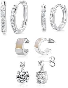 MDFUN Hoops Huggie Stud Earrings Set 14K White Gold Plated Cubic Zirconia Earring for Women Pack of 2/5 Pairs (Hoop&Shell Studs)