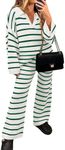 ZESICA Women's 2 Piece Sets Fall Casual Striped Long Sleeve V Neck Knit Sweater Tops and Wide Leg Pants Lounge Matching Set,Green,X-Large