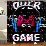 Video Games Shower Curtains for Boy Man Bathroom, 3D Headset Headphones Shower Curtain, Gamer Gaming Gamepad Headset with Hooks Shower Curtain, Blue Pink 72" W x 84" L