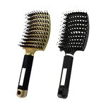 MOODKEY 2PCS Curved Vented Hair Brush Boar Bristle Hair Brushes Paddle Detangling Brush Professional Styling Hairbrushes Detangler for Women/Men/Kids Wet Dry Thick Curly Straight Hair (Gold+Black)