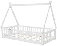 GarveeHome White Rectangular Twin Tent-Shaped Floor Bed, Playhouse Bed Frames, House Bed Frame with Roof, No Box Spring Needed, Twin Playhouse Bed for Kids Teens Boys Girls