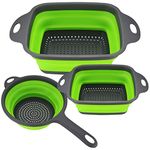 3 Pcs Collapsible Colanders Set, Silicone Colanders & Food Strainers, Foldable Filter Drain Baskets, Kitchen Strainer Washingup Bowl for Draining Pasta Fruit Vegetable Colanders Drain Baskets, Green