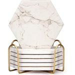 6 Pcs Cute Marble Absorbent Coaster Set With Holder for Beverages, Beer, Cup, Wine - Modern White Ceramic Thirstystone Table Bar Stone Coasters