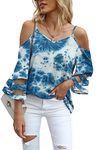 Jouica Summer Mesh Panel 3/4 Bell Sleeve Loose Tops Cold Shoulder Tshirts for Women,Tie Dye Blue,XX-Large