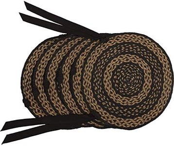 VHC Brands Farmhouse Striped Textured Jute Primitive Tabletop Kitchen Tie Back(s) Round Chair Pad Set of 6, Country Black