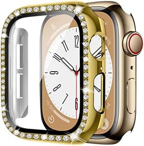 Glass+Case Compatible for Apple Watch 45mm 41mm 44mm 40mm 42mm 38mm Bling Diamond Setting Bumper with Built-in Tempered Screen Protector Protective Cover for iWatch Series 7 6 SE 5 4 3 2 1