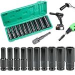 HASERY 10 Pcs Deep Impact Socket Set, 10-24 MM Hex Long Socket Set with Plastic Storage Box, 1/2 Inch Impact Wrench Socket Set, Comes with Impact Driver Socket Extension Bar for Home Car Repair