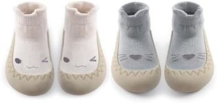 FABRST 2 Pairs Baby Sock Shoes Boys Girls Non Slip Soft Rubber Sole Slippers Toddler First Walking Shoes Infant Babys Slip-on Sneakers(Blue White Animal, 6-12Months)