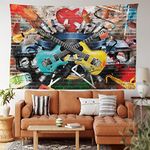 Ambesonne Music Tapestry, Collage of Music Color and Musical Instruments Street Wall Art Joyful Nostalgia Print, Wide Wall Hanging for Bedroom Living Room Dorm, 80" X 60", Yellow Teal