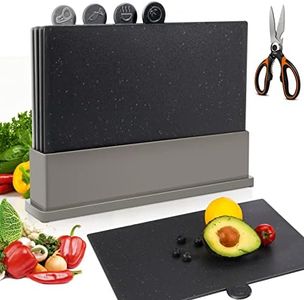 MASTERTOP Juego de 4 Tablas de Cortar en Plástico con Soporte Tablas de Cocina Multiusos en PP de Calidad Alimentaria Aptas para Lavavajillas Tablas para Picar Carne, Pescado y Verduras Gris