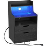 Rolanstar Nightstand with Charging Station and LED Lights, 2 AC and USB Power Outlets, Nightstand with 2 Drawers and Storage Shelves, Bedside Table for Bedroom - Black