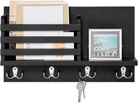 Dahey Wall Mounted Mail Holder Wooden Key Holder Rack Mail Sorter Organizer with 4 Double Key Hooks and A Floating Shelf Rustic Home Decor for Entryway or Mudroom,15.7" W x9.3 Hx3.2 D, Black