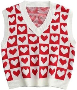 SweatyRocks Women's Sleeveless V Neck Knit Sweater Vest Houndstooth Crop Tank Top Red L