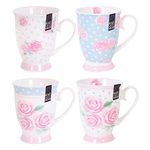 Set of 4 New Bone China Mugs Floral Polka Dot - Blue Pink White - Coffee Cups Afternoon Tea Latte Cappuccino Home Kitchen Office Gift Mug Set