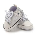 BAIELey walk in the clouds Baby Boys Girls Infant Canvas Sneakers High Top Lace up Bling Sequins Soft Sole Newborn First Walkers Shoe (Silver12-18 Months)