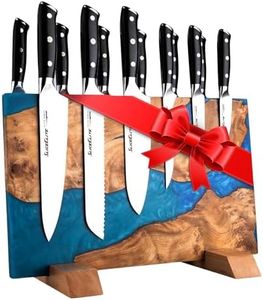 SliceElite Magnetic Knife Block Double Sided Knife Holder East Indian Walnut & Blue Resin Strong Magnet Storage for Kitchen Countertop Holds 20 Knives Non Slip Base
