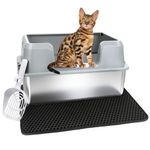 Vivifying Stainless Steel Cat Litter Tray with Lid, Easy to Clean and Odour-Resistant Stainless Steel Litter Box with Scoop and Mat (47x30x29CM, Grey)