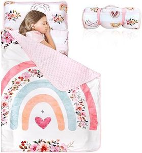 Toddler Nap Mat with Removable Pillow and Soft Dot Minky Blanket Pea Pod Kids Rainbow Floral Napping Mats Extra Large Rolled Slumber Bags for Girls Preschool, Daycare, 22 x 54inches Ages 3-7 Years