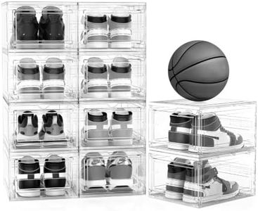 Mitees 10 Pack XX Large Thicken Sturdy Hard Plastic Clear Stackable Shoe Storage Boxes for Size 12, Sneaker Shoe Rack Containers Holders Bins Display Case Organizer for Closet, White