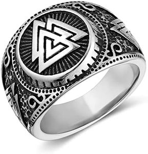 HZMAN Norse Viking Valknut Ring for Men Women Stainless Steel Vintage Odin Symbol Warrior Amulet Ring Protection Jewelry Gift, 10, Non-Precious Metal, No Gemstone