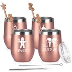 Drunk Christmas Funny Wine Tumbler Set, 12 Oz Stainless Steel Wine Tumbler with Spoon for Women Friends Sisters Men, Gift Idea for Christmas Xmas Wedding Party, 4 Pack, Rose Gold