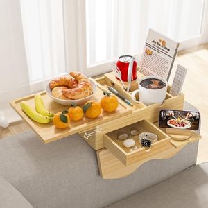 Couch Armrest Table with Removable Multi-Scene Wooden Tray, 13.78"x9.84" Pine Wood Sofa Arm Tray Clip on Arm Rest Table for Couch with 2 Cup Holders 2 Drawers 1 Phone Holder for Eating and Drinking