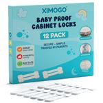 Cupboard Locks for Children - Ximogo® Premium Baby Proofing Child Locks for Kitchen Cupboards - No Drill Required - Secure Cabinets, Drawers, Toilets & Fridge - 12 Pack + 4 Extra Strong Adhesives