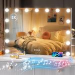 ouboyo Vanity Mirror with Lights and Bluetooth Speaker, 32" x 22" Hollywood Makeup Mirror with 15 Dimmable Bulbs and 5X Magnification, 3 Colors Modes, USB and Type-C, Tempered Glass (Square White)