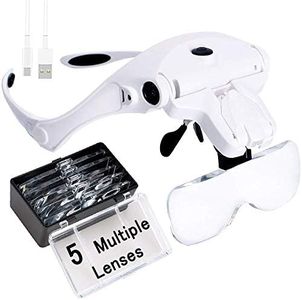Magnifying Glass，USB Charging Hands Free Head Magnifier with 2 LED Light and 5 Lenses（1.0X 1.5X 2.0X 2.5X 3.5X），Professional Jeweler's Loupe Light Bracket and Headband are Interchangeable