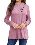 Bluetime Women's Fall Long Sleeve Cowl Neck Button Tunic Tops Lightweight Sweatshirts Clothes, Pink, XXL