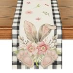 Artoid Mode Buffalo Plaid Bunny Ear Foot Flower Easter Table Runner, Seasonal Spring Kitchen Dining Table Decoration for Home Party Decor 13x72 Inch