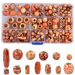 Focenat 230 Pcs Printed Wooden Beads with Holes, Macrame Large Hole Beads Various Shapes Loose Wooden Beads Round Barrel Wood Beads Macrame Tube Square Wood Beads African Style Wood Beading for Jewelry Making Bracelet Necklace Hair Craft DIY