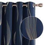 Deconovo Blackout Eyelet Curtains 66x72 Inch Thermal Insulated Gold Wave Line Foil Printed Curtains for Bedroom Navy Blue 2 Panels