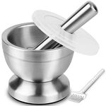 Tera 18/8 Stainless Steel Mortar and Pestle Set with Brush with Silicone Lid Spice Crusher Pill Grinder Pestle and Mortar for Grinding Herbs Seasonings Pastes Pesto 350ml Large Size CY0276