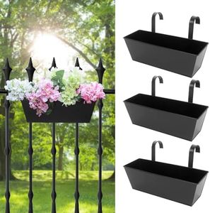 Holensun Railing Planters Outdoor Balcony 16 Inch Deck Over The Railing Planter Boxes Hanging Planters for Fence Flower 3 Pcs (Black)