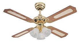 Westinghouse Ceiling Fans 78199 Princess Trio 105 cm Indoor Ceiling Fan, Light Kit with Frosted Glass, Polished Brass Finish with Reversible Oak with Cane/Mahogany Blade