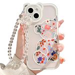 NITITOP Compatible for iPhone 14 Case with Bear Ears Clear Cute Flower Pattern Floral with Chain for Girls Women Soft TPU Shockproof Protective Girly for iPhone 14-Bear