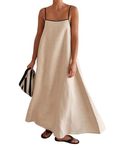 Womens Summer Linen Maxi Dress Contrast Trim Spaghetti Straps Backless Sleeveless Long Flowy Dresses, Beige, XL