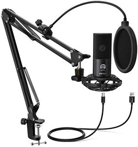 Fifine USB Podcast Microphone Kit for PC Computer, Studio Condenser Mic with Boom Arm, Gain Control, Shock Mount for Recording, Voiceover, Video on Tiktok YouTube Video-T669
