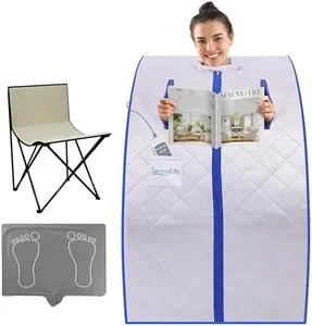 SereneLife Portable Sauna for Home, Infrared Sauna Tent with Heated Foot Pad and Folding Chair, Compact Personal Rejuvenation Sauna, Remote Control in-Home Spa, 38" x 32” - (Silver)