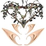 MOSTORY Handmade Antler Leaf Crown with 2 Pairs Fairy Ears Cosplay Costumes Renaissance Elven Circlet and Elf Ears for Women