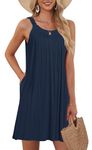 MISFAY Women's Beach Cover Up Tank Dress Casual Vacation Short Summer Halter Dresses with Pockets,Navy Blue,L