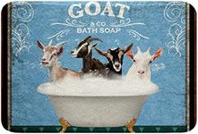 Funny Goat Bathroom Rugs Kids Retro Funny Farm Animal Bath Mats Non Slip Boys Girls Vintage Farmhouse Goats Bath Rugs for Bathroom Blue Green Diamond Geometric Bathroom Accessories Floor Mat 20"x32"