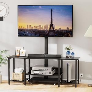 TV Stand with Mount for 32-65 Inch TVs, Swivel Rolling TV Stand Mount with Wheels and Power Outlet, Entertainment Center with Storage, Media Console Cabinet for Living Room Bedroom, Black