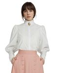 daizbella Victorian Blouse Women Puff Sleeve Blouse Button Down Ruffle Dressy Shirts Tops, White, X-Large