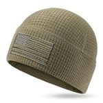 OUTDOOR SHAPING Grid Fleece Beanie with American Flag Embroidery Waffle Tactical Army Military Skull Cap Army Olive, Army Olive, One size