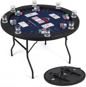 Goplus 48" Poker Table Foldable, 8 Player Round Casino Leisure Texas Holdem Game Table with Metal Legs, 8 Cup Holders, Indoor Folding Card Gaming Table for Blackjack & Club, Family Games (Blue)