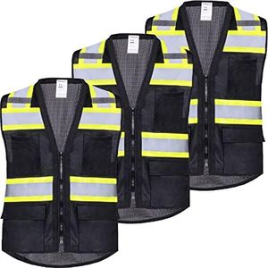 ProtectX 3 Pack 6 Pockets High Visibility Zipper Front Safety Vest with Reflective Tape Strips, Lightweight & Solid Front Mesh Back, ANSI/ISEA Certified Class 2, 3-Pack Black - 2X Large